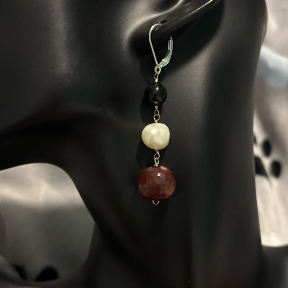 Freshwater Pearl Tiger Eye & Obsidian Sterling Silver Earrings